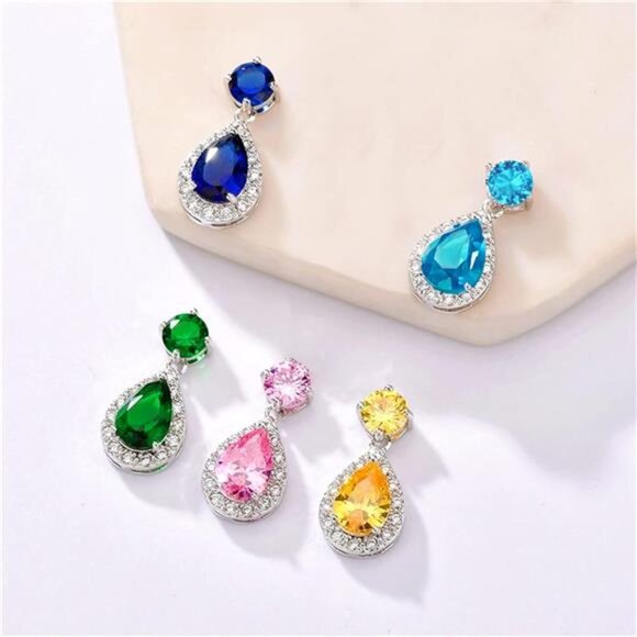 Drop Dangle Earrings - White Gold Plated Gemstone Teardrop Crystal Hypoallergeni - Picture 3 of 8